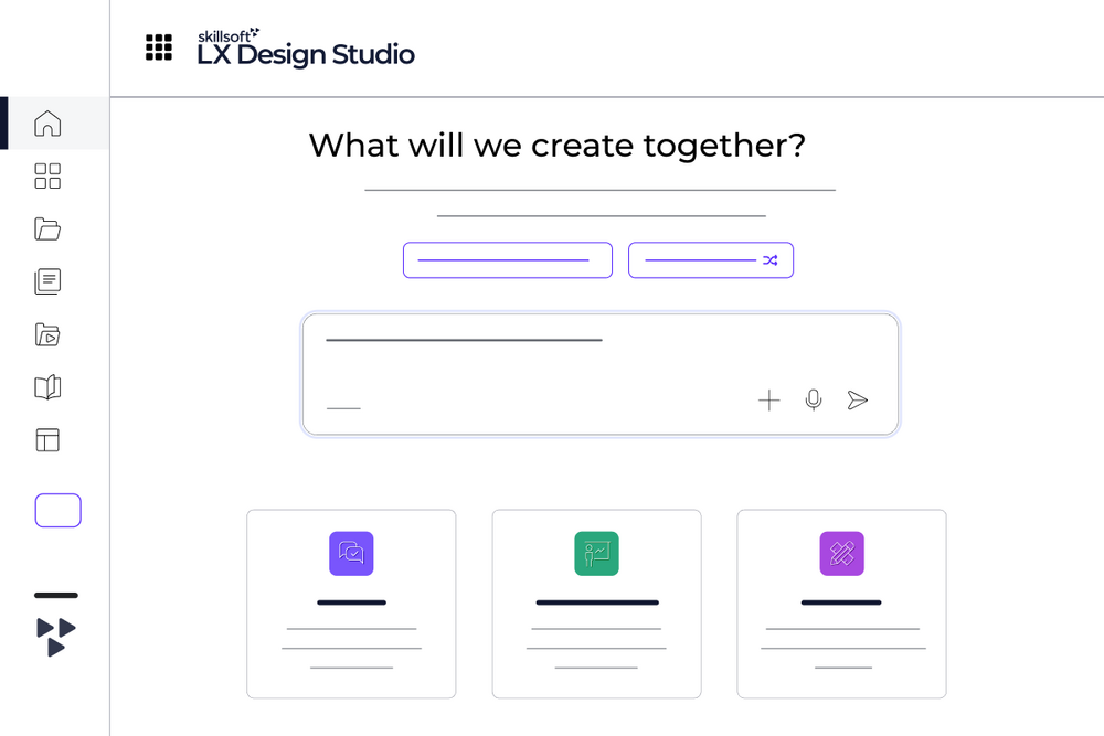 Skillsoft LX Design Studio platform demonstrating AI tools that speed up content creation and updates for learning experiences.